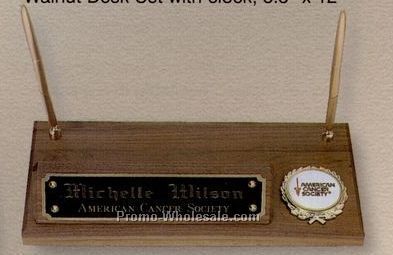 5-1/2"x12" Walnut Name Block W/Logo & 2 Pen Holders Desk Set