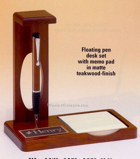 6-3/4"x6-7/8" Floating Pen Desk Set With Memo Pad Teakwood Finish