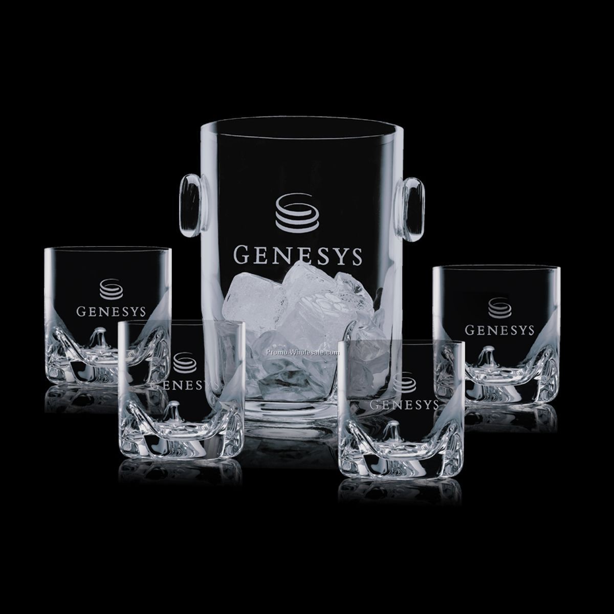 7" Hillcrest Ice Bucket & 4 Double Old Fashion Glasses