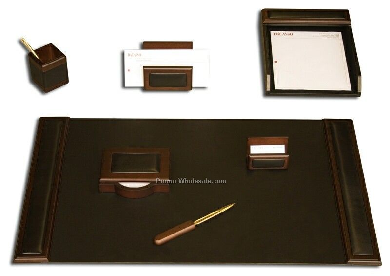 7-piece Wood & Leather Desk Set - Walnut Trim