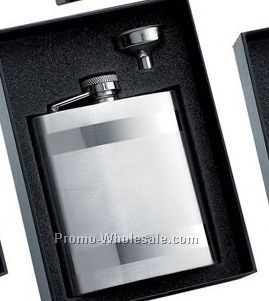 8 Oz Stainless Steel Flask With 2 Horizontal Stripes And Silver Funnel In B