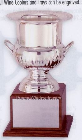 9" Silver Plated Wine Cooler Bucket W/ 14" Genuine Walnut Base