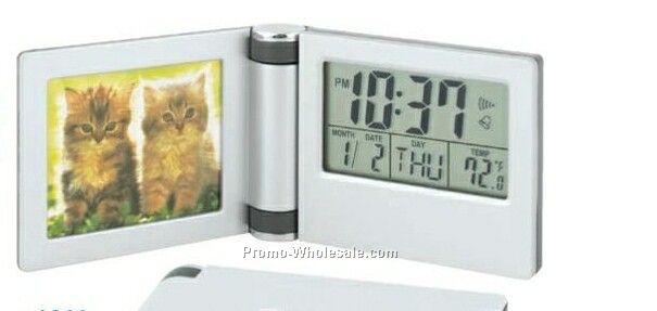 Aluminum Photo Travel Alarm Clock W/ Temperature