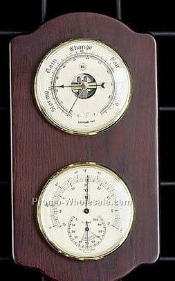 Brass Clock/Barometer On Ash Wood Base