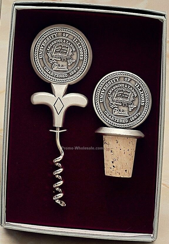 Cast Cork Screw / Bottle Stopper Set With Cast Emblem Inserts