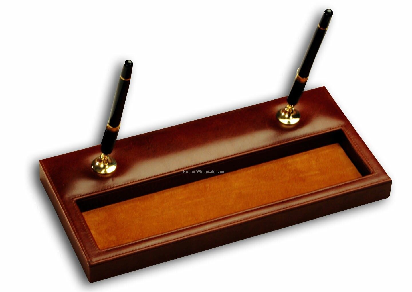  Dacasso Black Leather Double Gold Accents Pen Stand