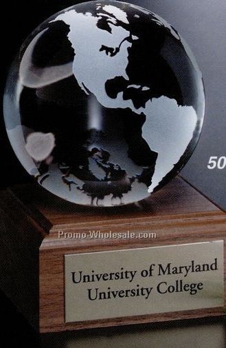 Crystal Continental Globe Award On Walnut Base 3-1/8"