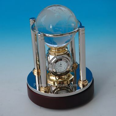 Crystal Globe With Pedestal Clock & Weather Station - Screen Printed