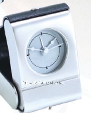Folding Matte Silver Alarm Clock With Black Leather Case