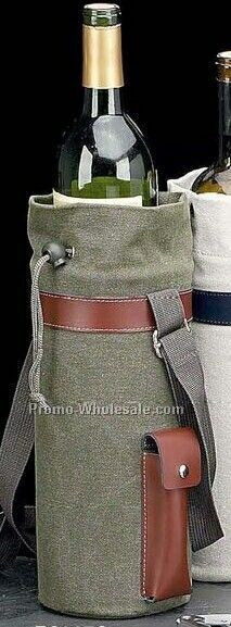Green Canvas/ Brown Leather Insulated Wine Caddy With Corkscrew