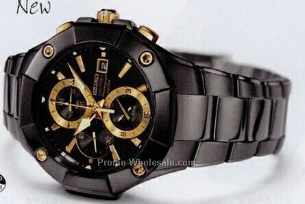 Men`s Seiko Coutura Alarm Chronograph Watch/Black/Gold Trim