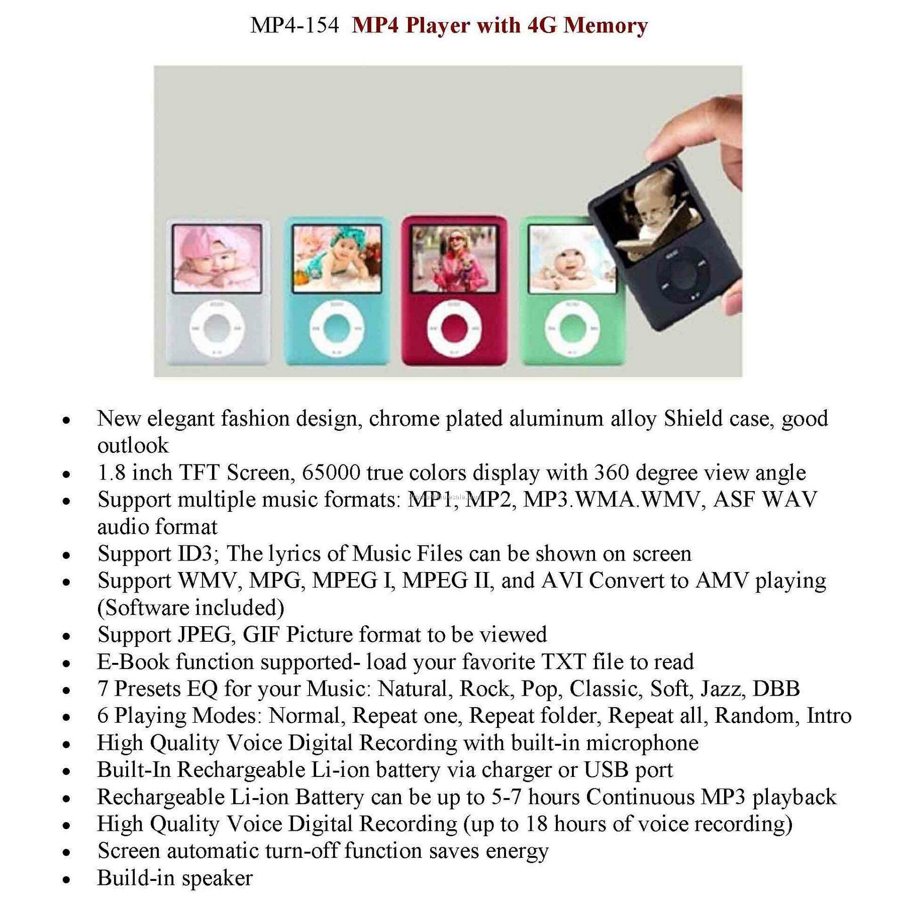 Mp4, Mp3, Video Music Player, With 4g Memory, Voice Recorder