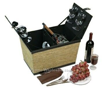 Stained Brown Willow Picnic Basket W/ Utensils For 2 Persons