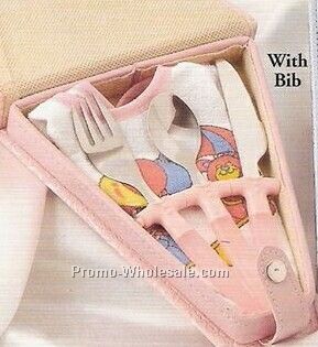 Stainless Steel Baby Cutlery Sets W/ Bib/Pink