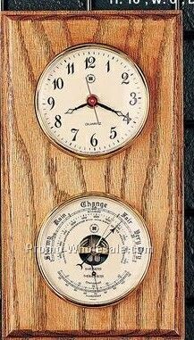11"x6"x2" Brass Clock/Barometer/Thermometer On Oak