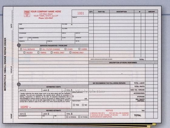 11"x8-1/2" 3 Part Motorcycle/ Small Engine Repair Order W/ Carbons