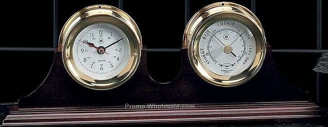 13-1/2"x1-3/4"x5" Nautical Brass Clock & Barometer On Teak
