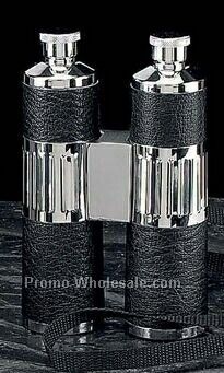 2 6 Oz. Stainless Steel Chrome & Black Leather Flask - Binoculars