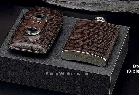 3 Piece Brown Leather 8 Oz. Flask / Cigar Case & Cutter Set