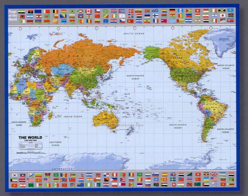36"x27" World Map & Country Flags Poster With Pacific Centered