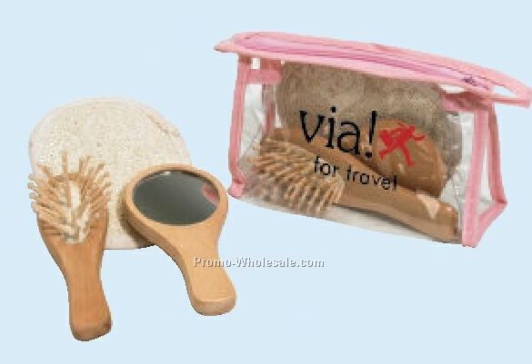 4 Piece Pink Spa Kit (Mirror/ Brush/ Loofah)