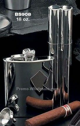 7 Oz. Stainless Steel Chrome Plated Flask With 2 Finger Cigar Holder