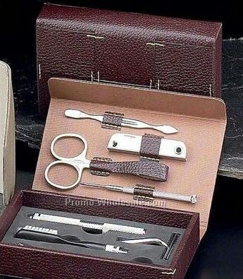 7 Piece Manicure Set With Brown Leather Case