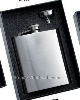 8 Oz Stainless Steel Brush Finished Flask With Plain Front And Silver Funne