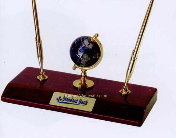 9"x4-1/2"x3-3/4" Gem Globe Piano Finish Wood Desk Set W/ 2 Gold Finish Pen