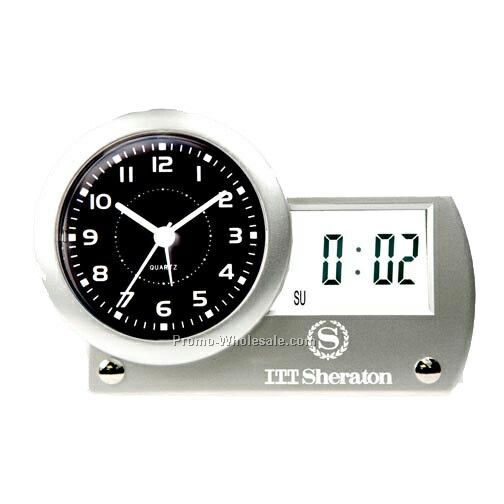 Analog Digital Quartz Alarm Clock W/ Horizontal Lcd Day & Date Readout