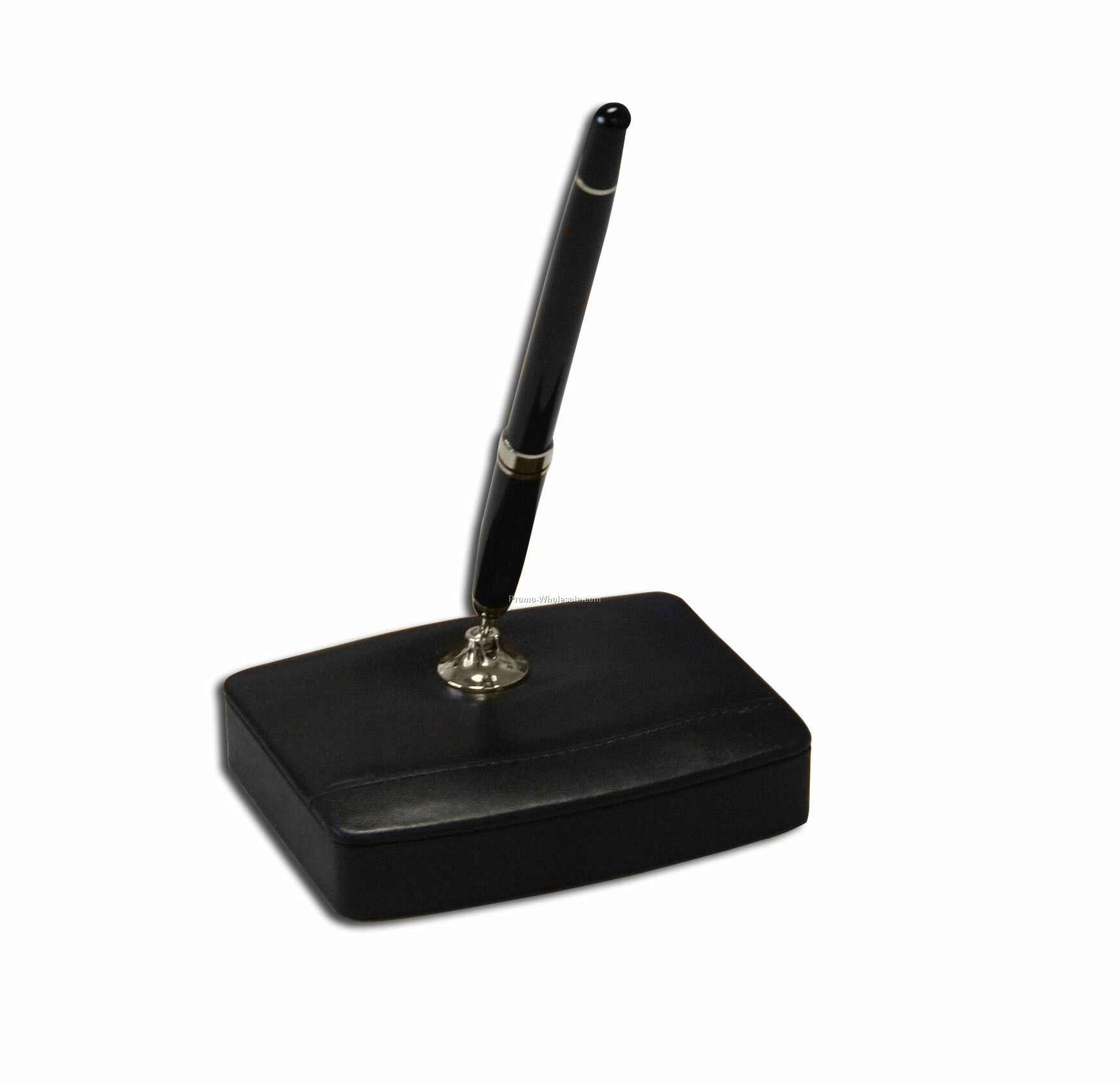 Classic Leather Single Pen Stand - Black W/ Silver Accents