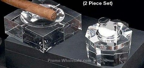 Crystal Lighter And Ashtray Set