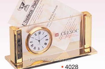 Gold Plated Business Card Holder/ Clock (Curved Column) (Engraved)