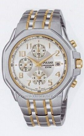 Men's Collection Pulsar Alarm Chronograph Watch (Silver/ Gold Trim)
