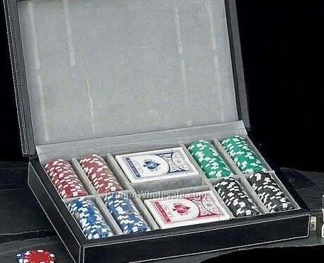 Poker Set W/ 200 11-1/2 G. Poker Chips, Cards & Dice In Black Leather Case