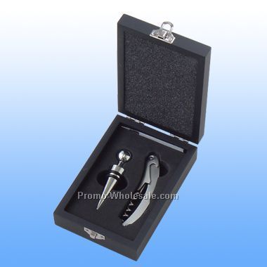 Wine Opener And Stopper Set. Silver Pcs In Black Wood Box. (Lasered))