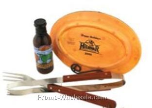 12"x8" Platter/ Stand/ Utensil Set & Bbq Sauce Gift Set