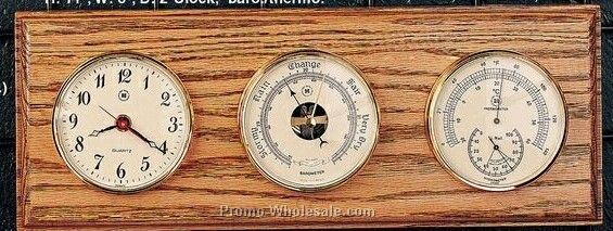 16"x6"x2" Brass Clock/Barometer/Thermometer/Hygrometer On Oak