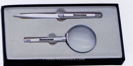 2 Piece Silver Engineer Magnifying Glass/ Letter Opener Gift Set