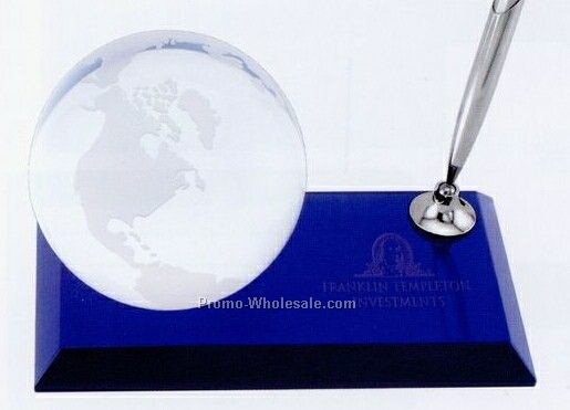 3" Globe Desk Award With Pen On Blue Glass Base