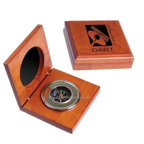 3-1/2"x3-1/2"x1" Executive Compass In Wood Box - Etched