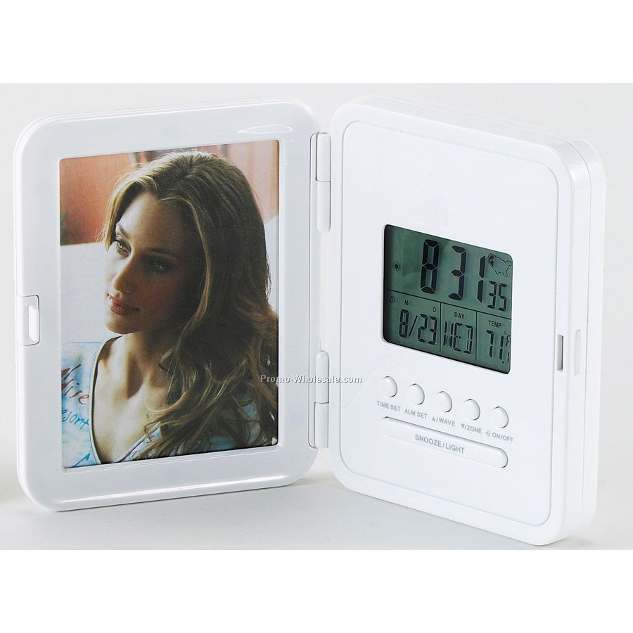 3-1/2"x4-1/4" White Atomic Digital Alarm Clock W/ Picture Frame