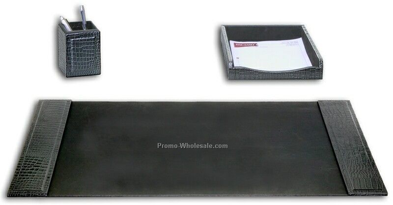 3-piece Embossed Crocodile Leather Desk Set - Black