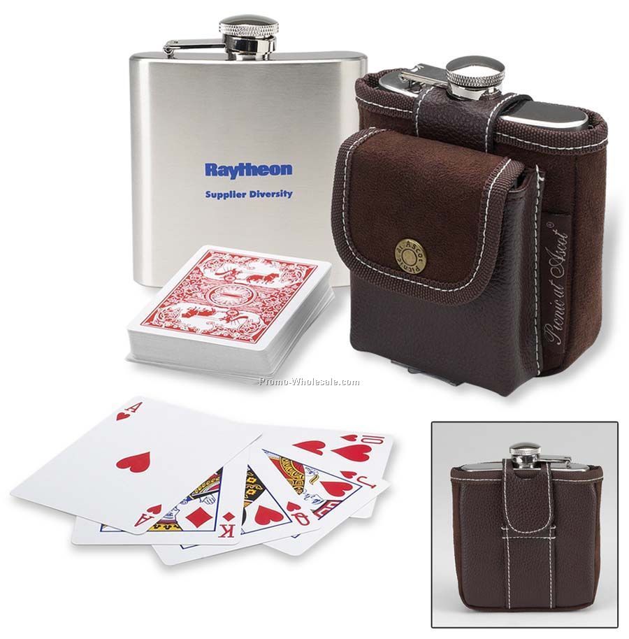 4-1/2"x4"x2-1/4" Hip Flask And Playing Cards
