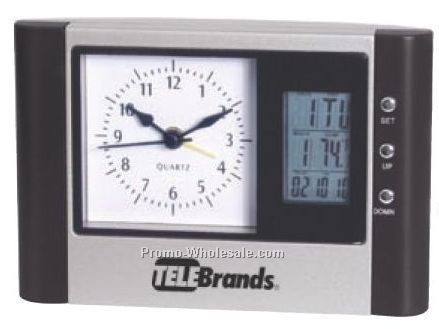 5-3/8"x3-3/4"x1-1/2" Desk Clock With Analog & Digital Display & Thermometer