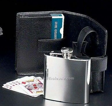 6 Oz Stainless Steel Flask With 2 Decks Of Cards In Black Leather Case