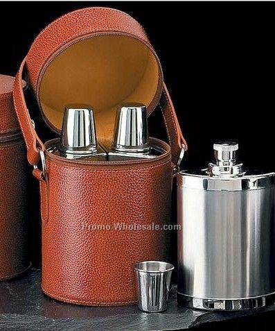 6 Piece Bar Set(Three 14 Oz. Flasks With 3 Cups In Brown Leather Case)