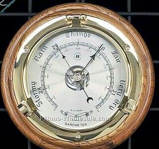9-1/2"x2" Nautical Brass Porthole Barometer On Oak Base