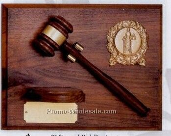 9"x12" Genuine Walnut 2" Stamped Medallion Insert W/Gavel & Block Plaque