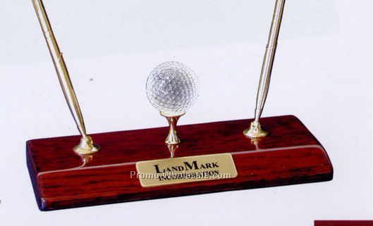 9"x4-1/2"x3-3/4" Piano Finish Golf Desk Set W/ Gold Pen & Crystal Golf Ball